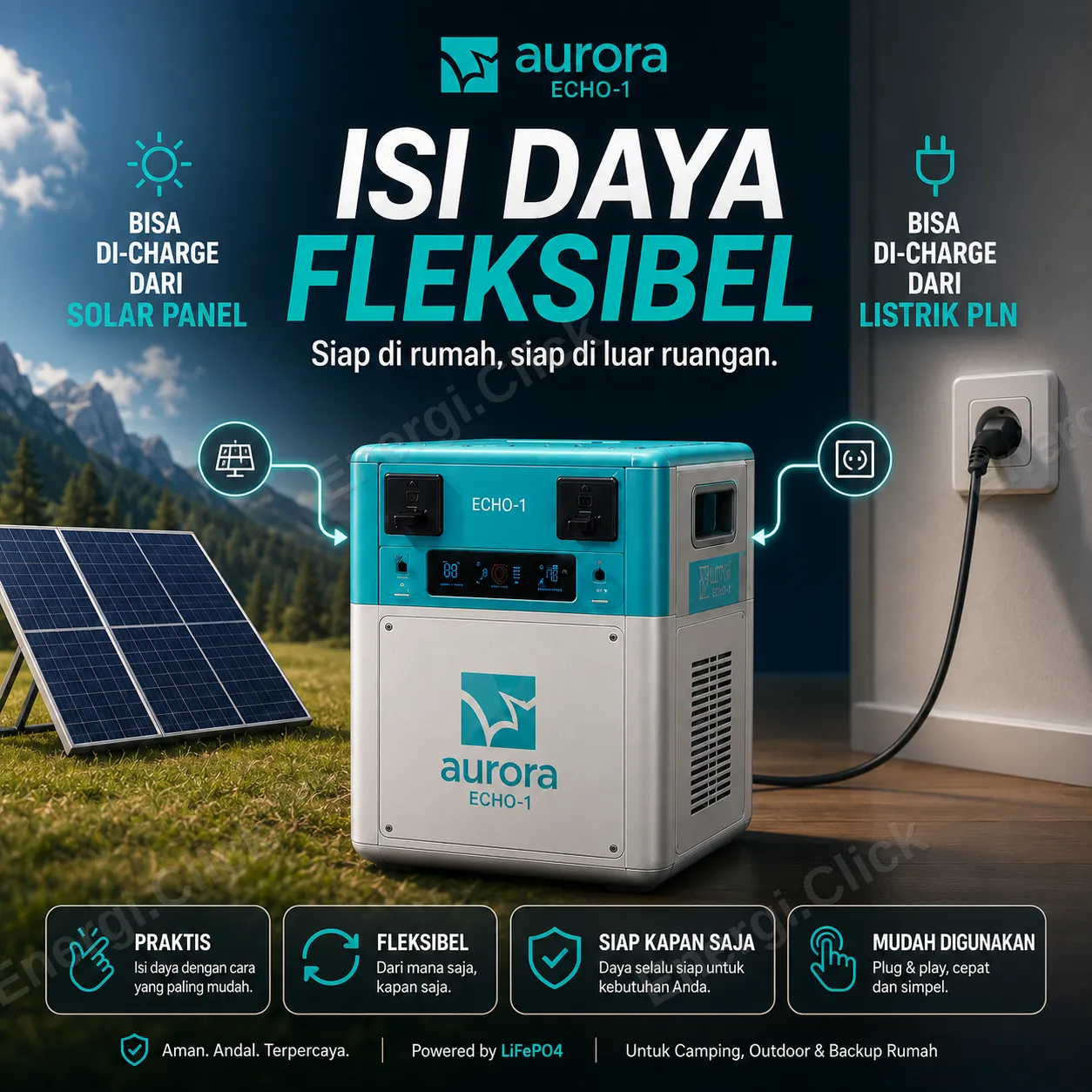 Aurora ECHO All-in-One Solar Generator (Inverter + Baterai LiFePO4)