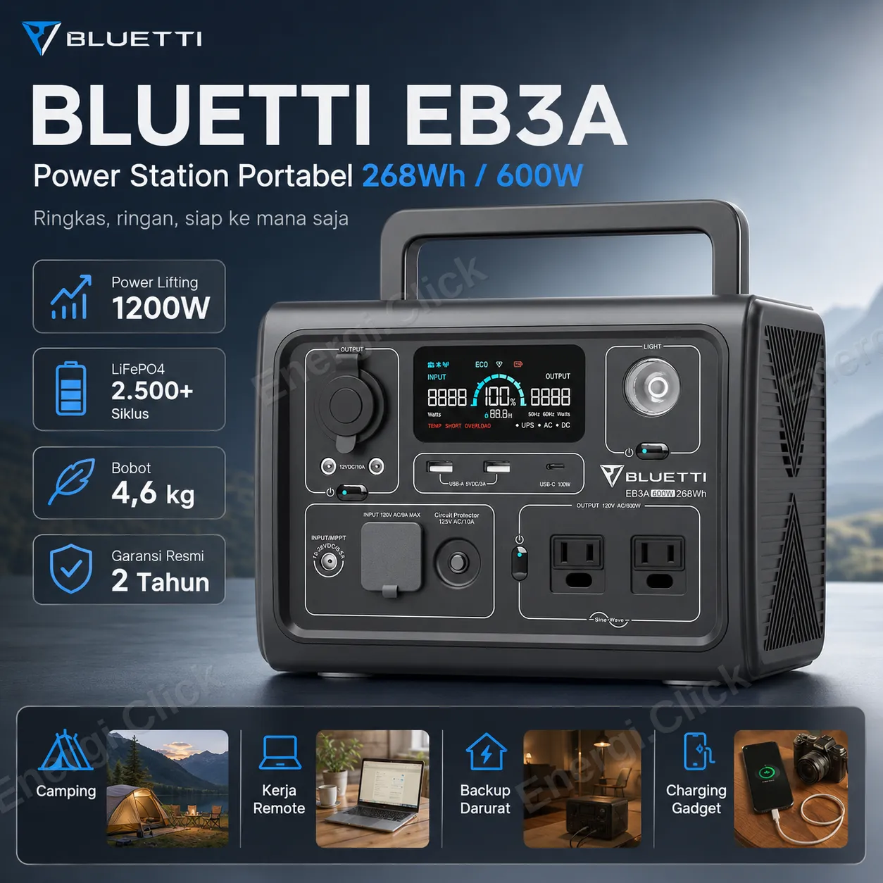 BLUETTI EB3A Portable Power Station (268Wh / 600W)