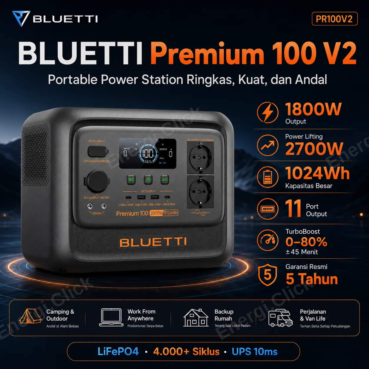 BLUETTI Elite 100 V2 Portable Power Station (1024Wh / 1800W)