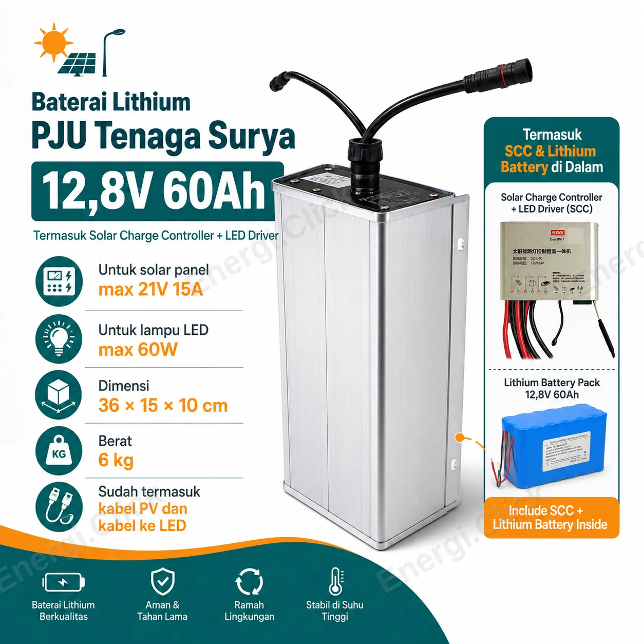 Baterai Lithium PJU Tenaga Surya 12,8V 60Ah (Clearance)