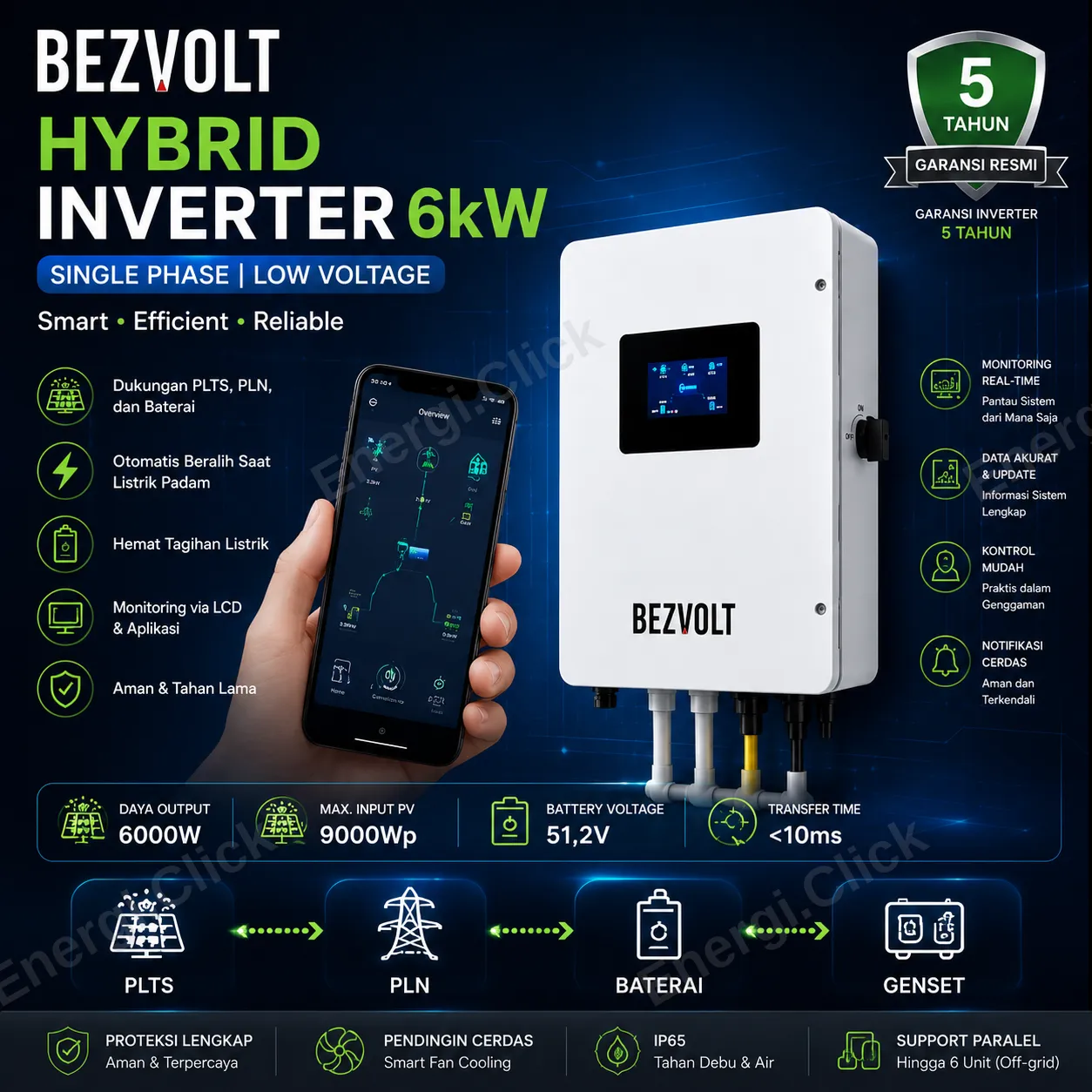 BEZVOLT Hybrid-OnGrid Inverter 6.000W (6 kW) Single Phase Premium Quality