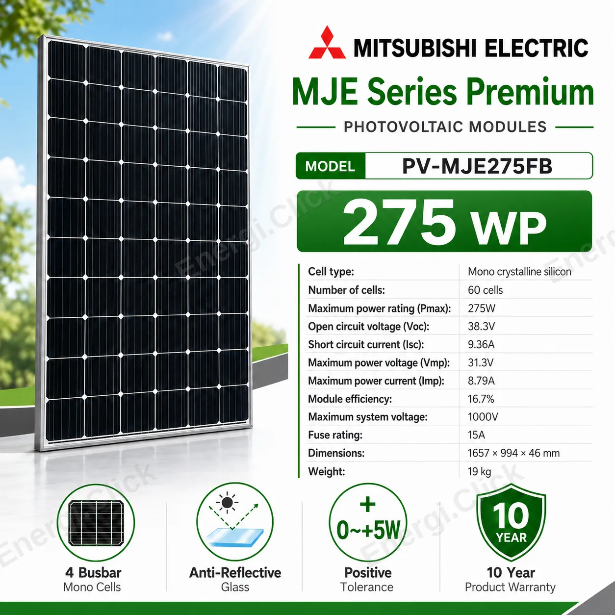 Panel Surya Mitsubishi 275 Wp Mono (MJE275FB) — Baru Sisa Proyek