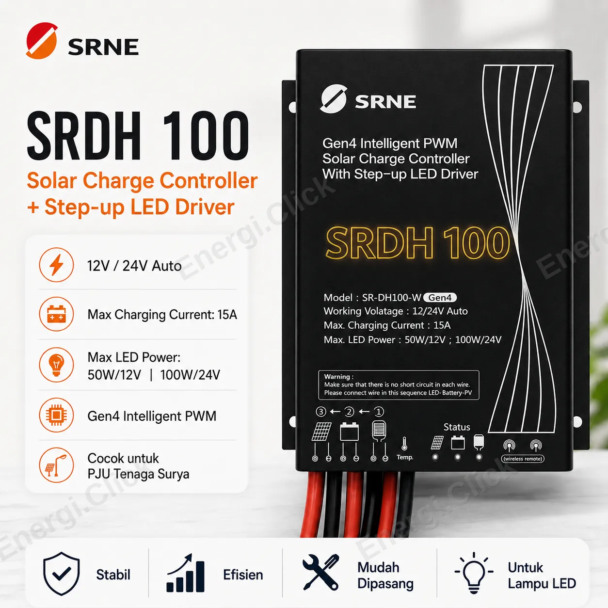SCC Solar Charge Controller PWM SRNE SR-DH100 15A (12V/24V, All-in-One PJU)