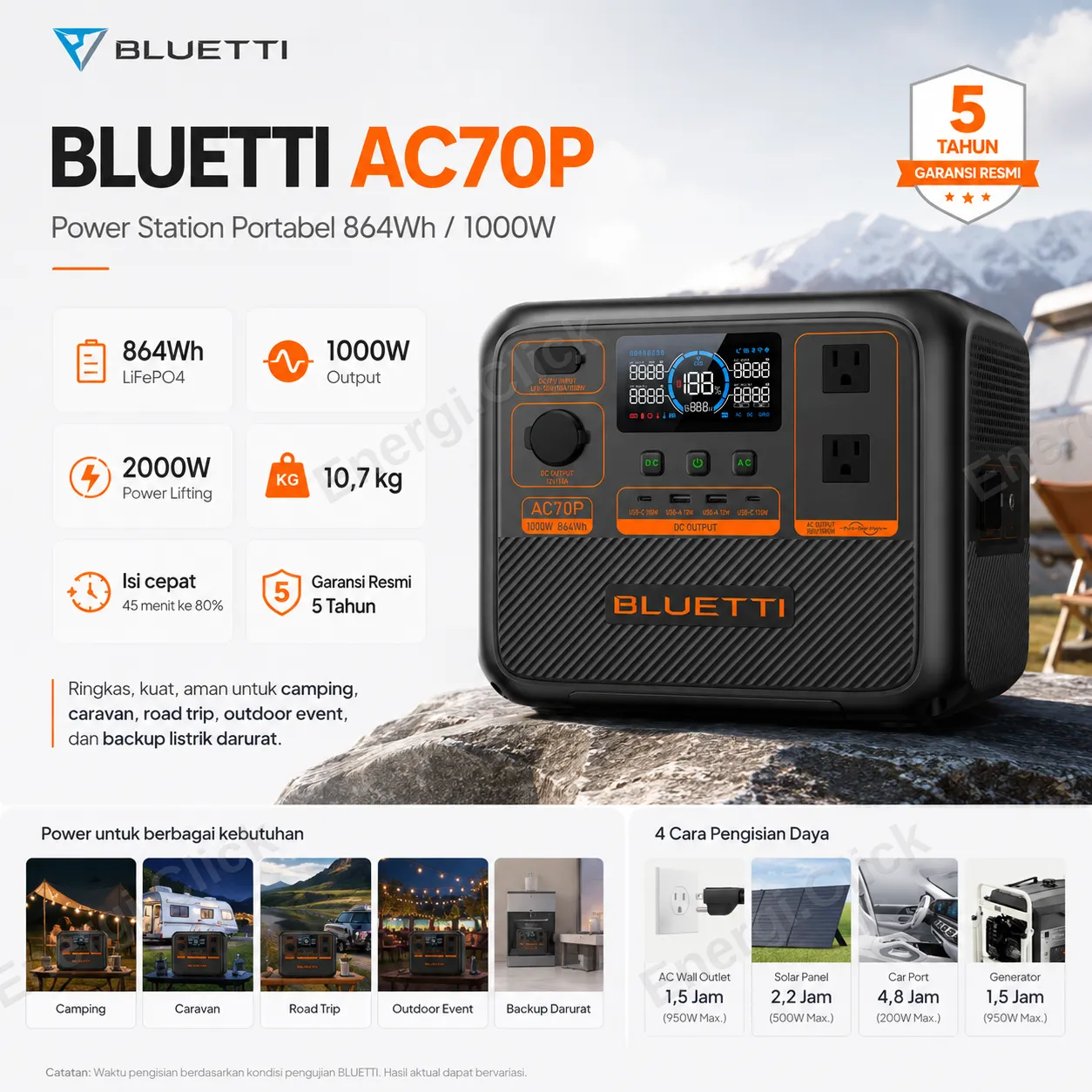 BLUETTI AC70P Portable Power Station (864Wh / 1000W)