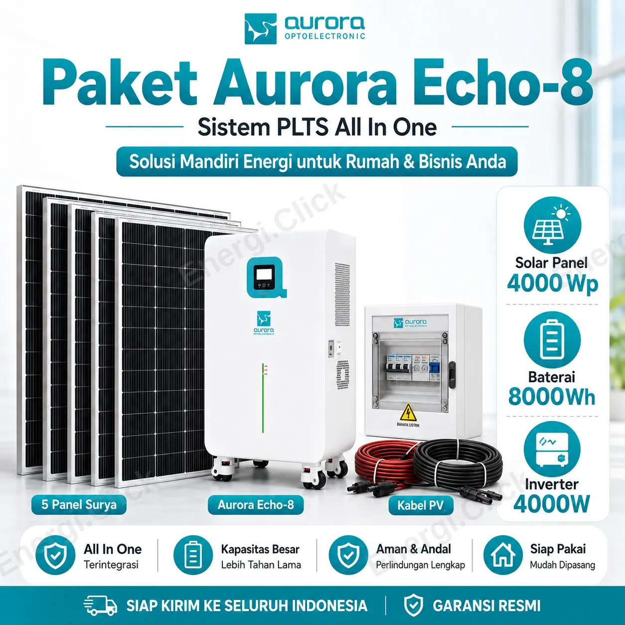 Aurora Echo PowerHome Panel Surya 4000Wp - Baterai 8000Wh - Inveter 4000W